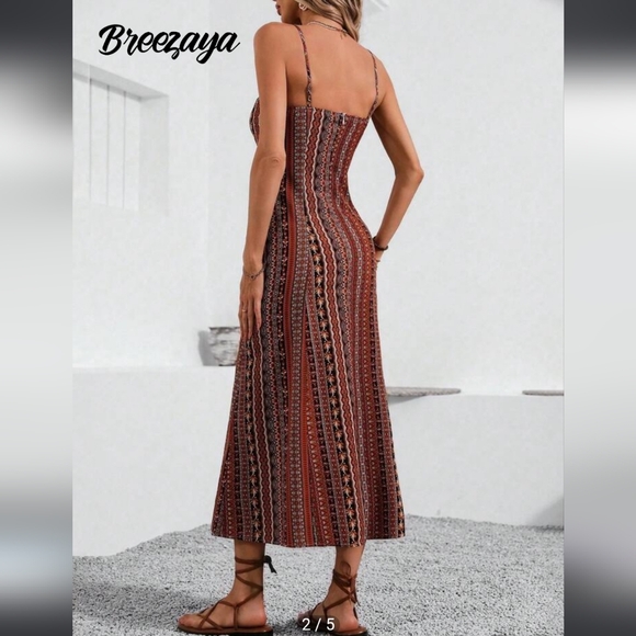 Shein Brezaya Boho Maxi Sundress Brown Orange Adj Skinny Straps Zip NWOT LG/8-10 - Picture 10 of 16